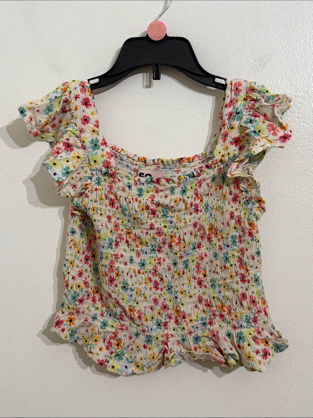 SO Smocked Floral Ruffle Crop Top Girls Small 7 Cottagecore